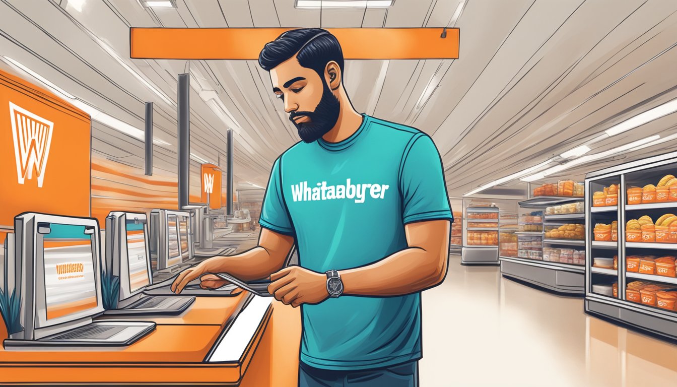 A person browsing online for a Whataburger shirt, adding it to their cart and proceeding to checkout