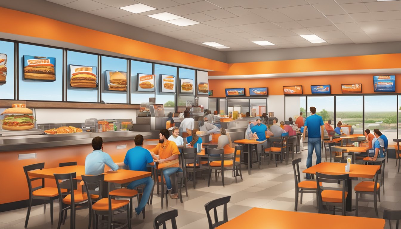 A bustling Whataburger restaurant with colorful promotional displays and logos for partnerships with Amarillo businesses