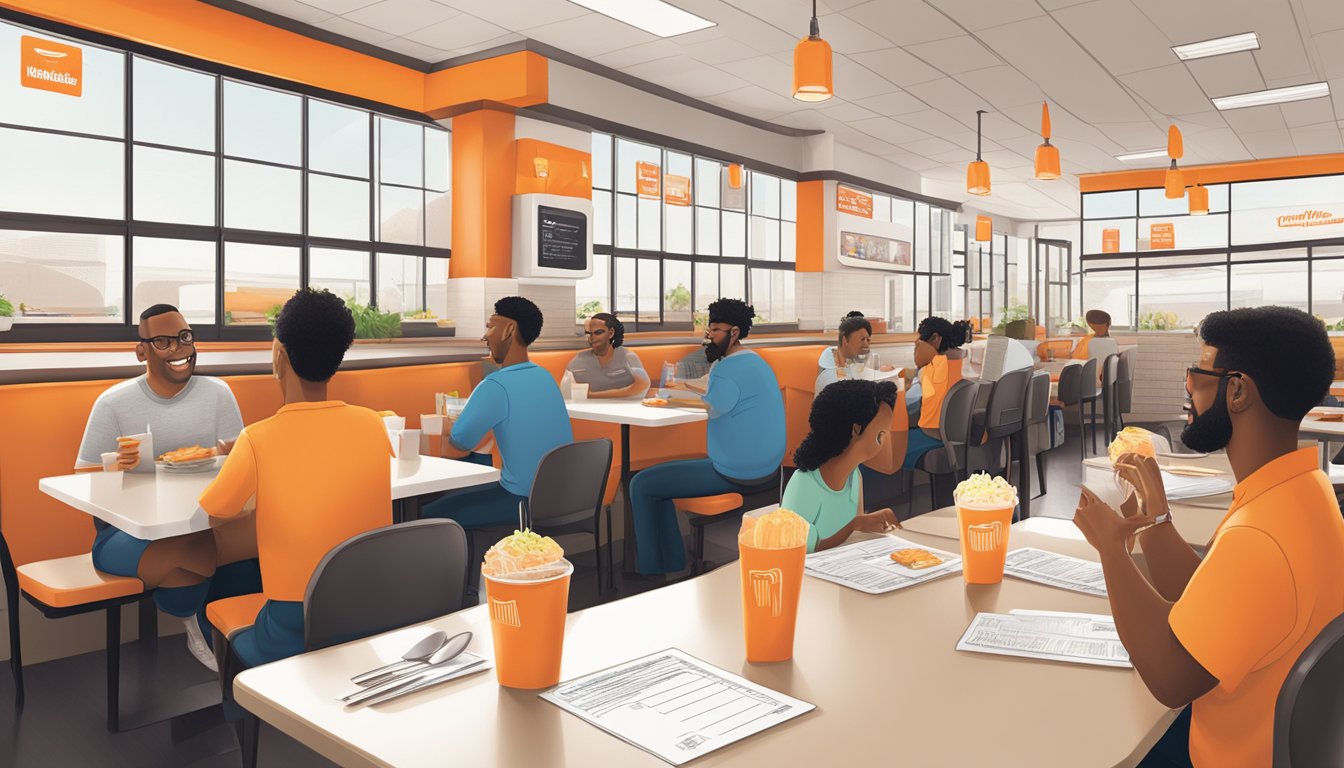 Customers enjoying their meals at a Whataburger restaurant, with feedback forms and comment cards visible on the tables