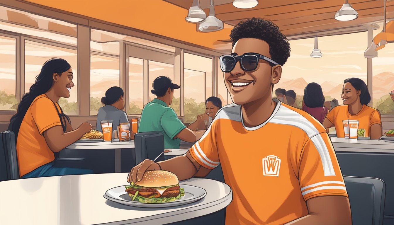 A person wearing a Whataburger shirt while enjoying a meal at the restaurant