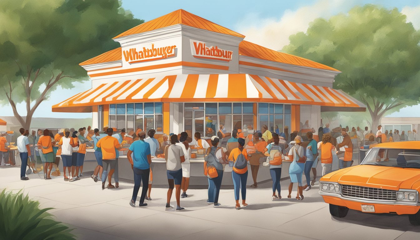 A bustling Whataburger restaurant with people participating in community involvement events outside