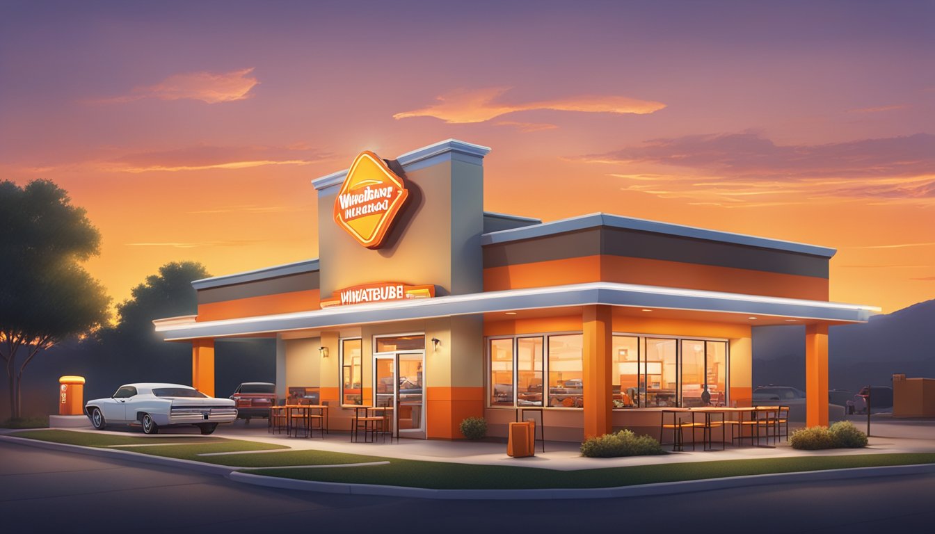 A bustling Whataburger restaurant with a drive-thru, outdoor seating, and a colorful sign. The sun is setting, casting a warm glow on the building