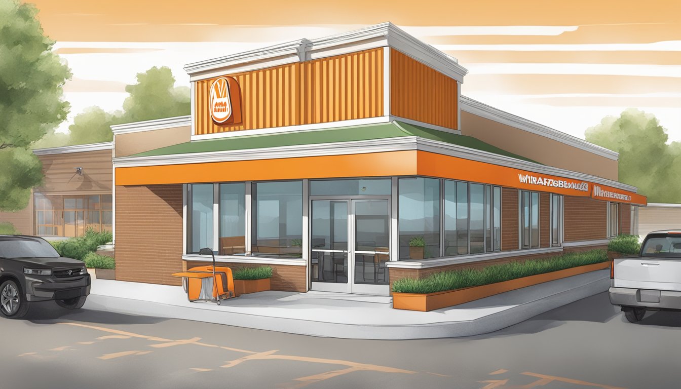 A wheelchair-accessible ramp leads to the entrance of a WhatABurger restaurant, with a support handrail alongside