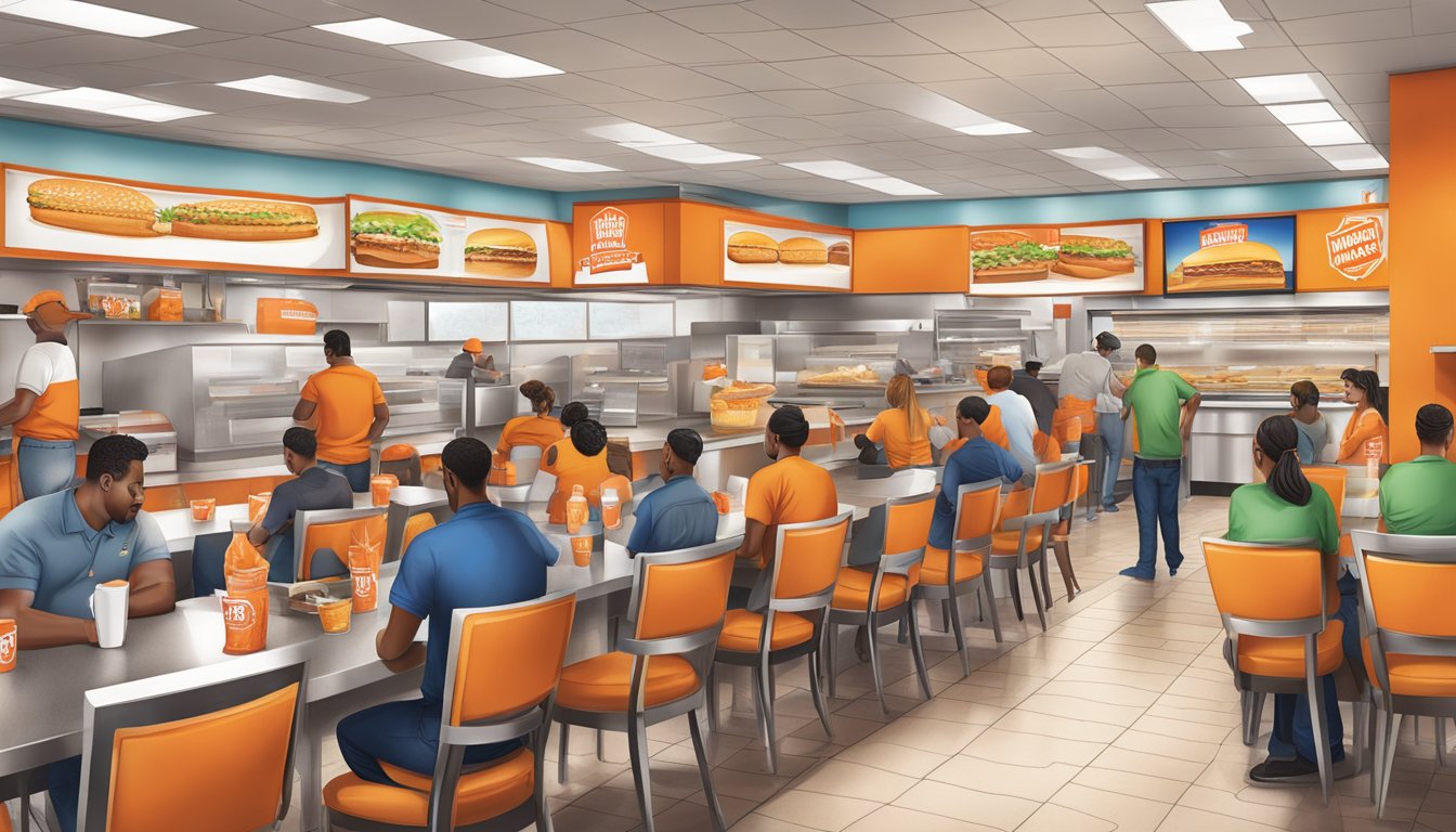 A bustling Whataburger restaurant with employees and customers following company policies in Amarillo