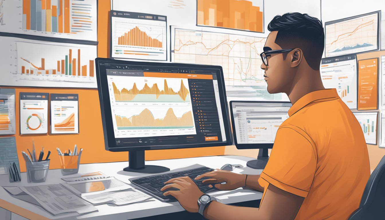 A person wearing a WhatABurger shirt while analyzing data on a computer screen surrounded by charts and graphs