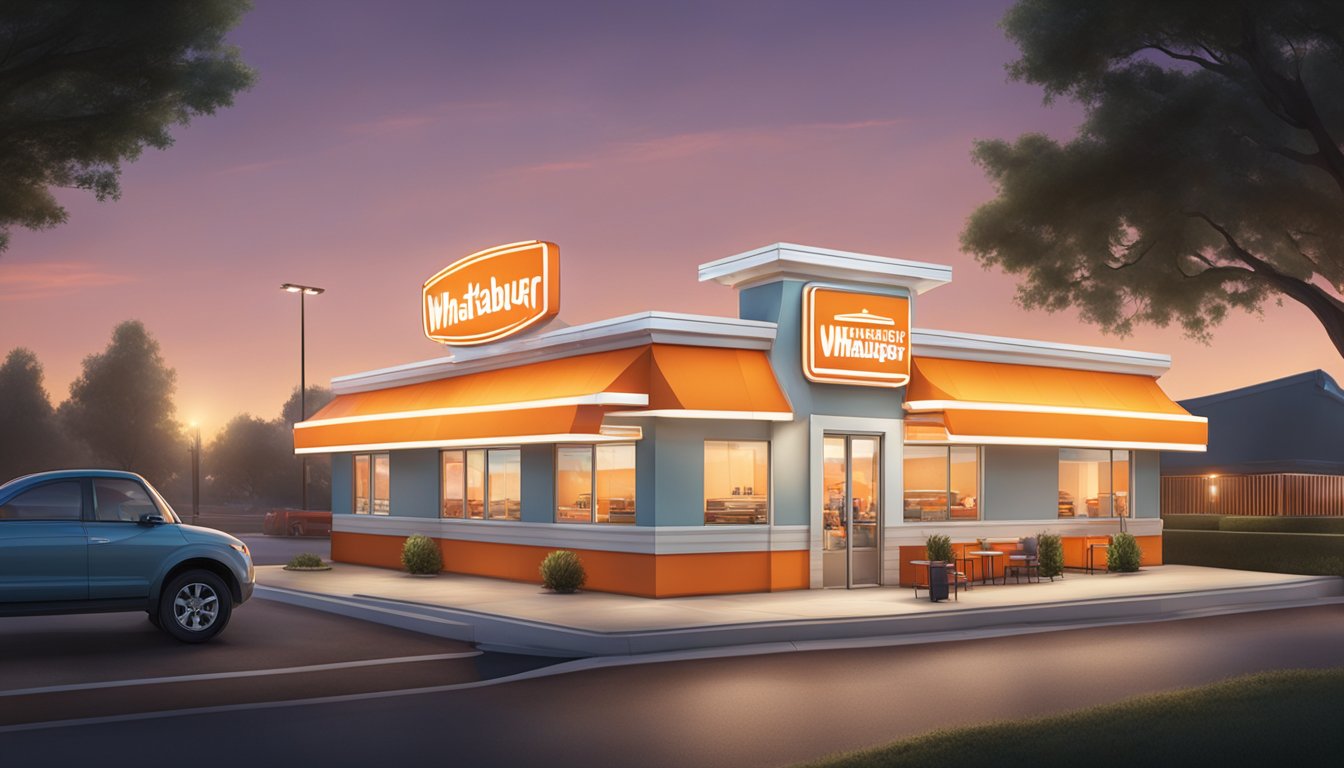 The Whataburger restaurant is brightly lit with a glowing sign, the drive-thru is open, and staff are seen preparing food inside