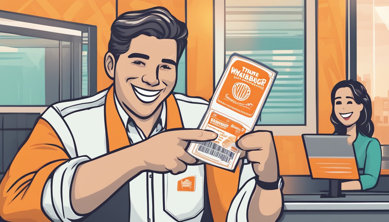 A person holding a Whataburger coupon while smiling and pointing at it