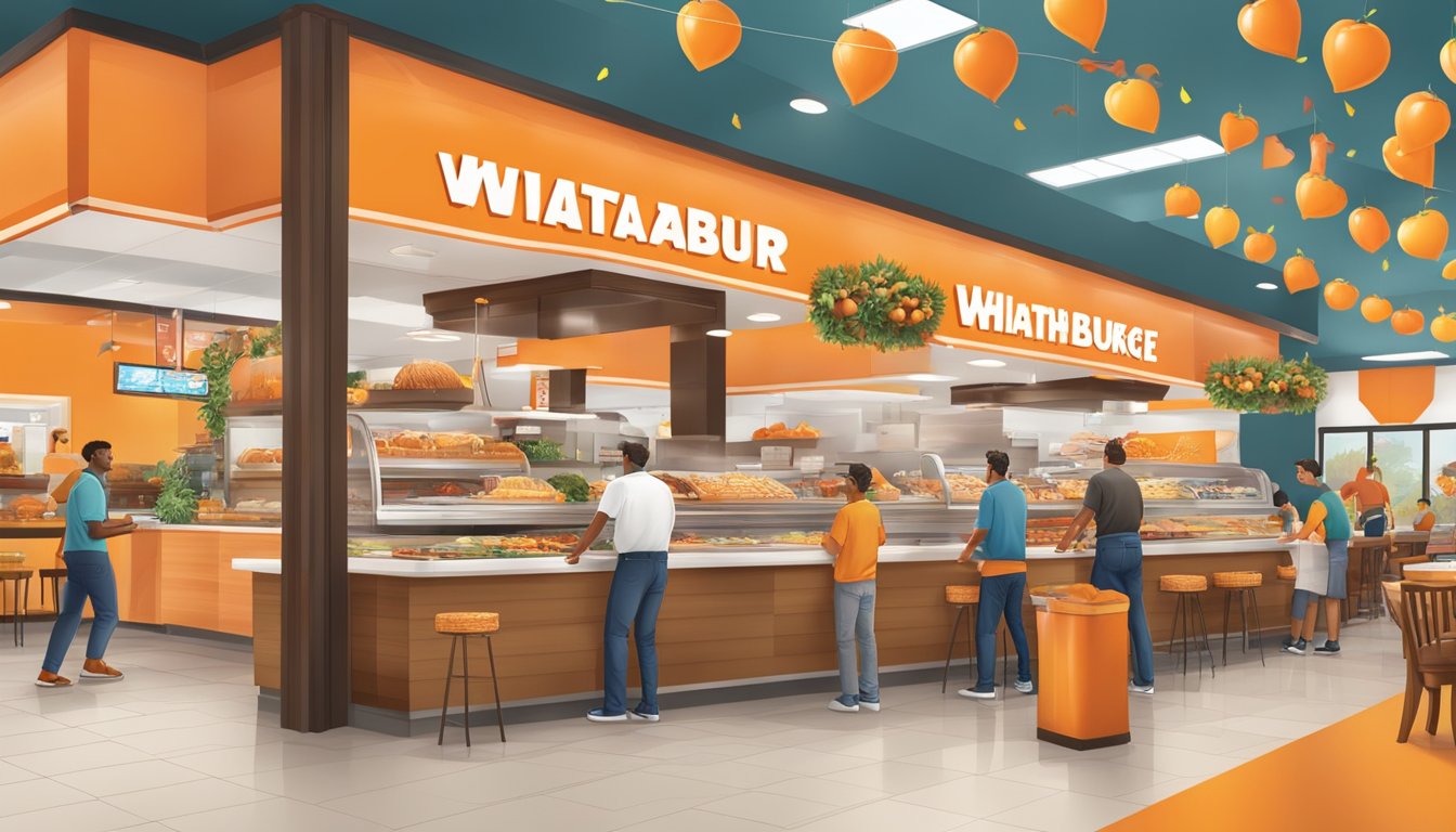 A Whataburger restaurant with a festive Thanksgiving display, open for business with customers inside and employees working behind the counter