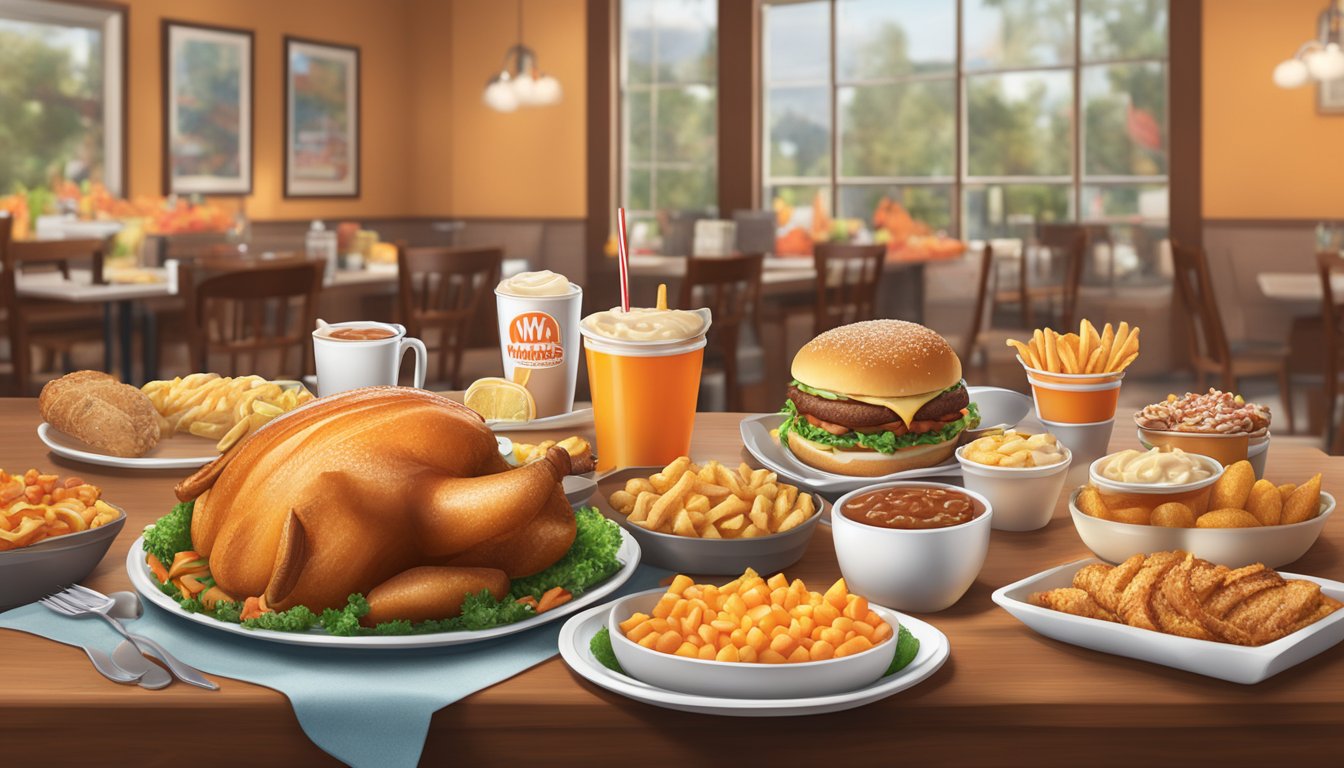 A festive holiday table with a spread of food and drinks, with a WhatABurger sign in the background indicating that the restaurant is open on Thanksgiving