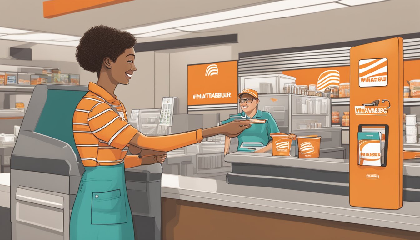 A Whataburger gift card being handed to a cashier at the counter