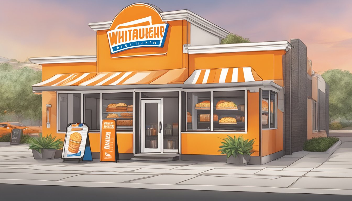 A colorful display of Whataburger merchandise with a prominent "Whatastore" sign. A coupon for a free Whataburger is featured prominently