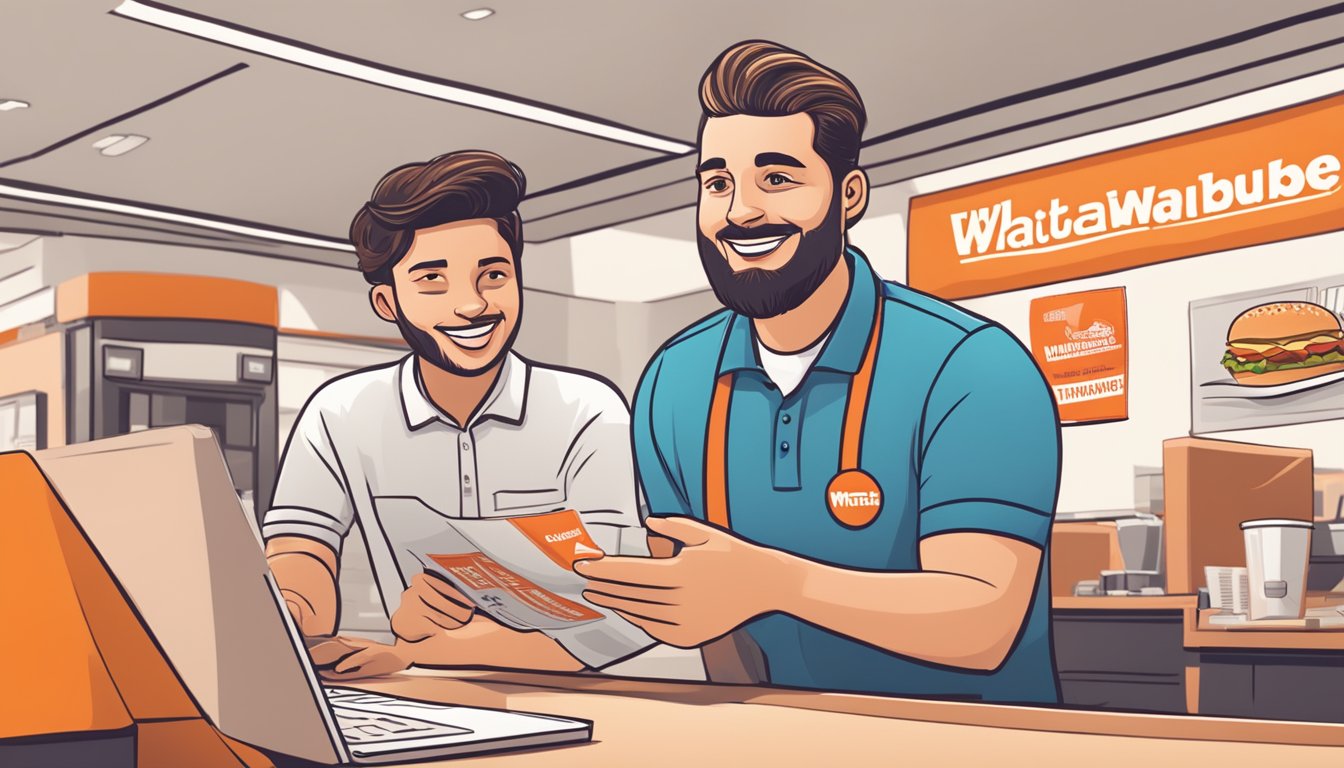 A customer service representative handing a free Whataburger coupon to a customer with a question