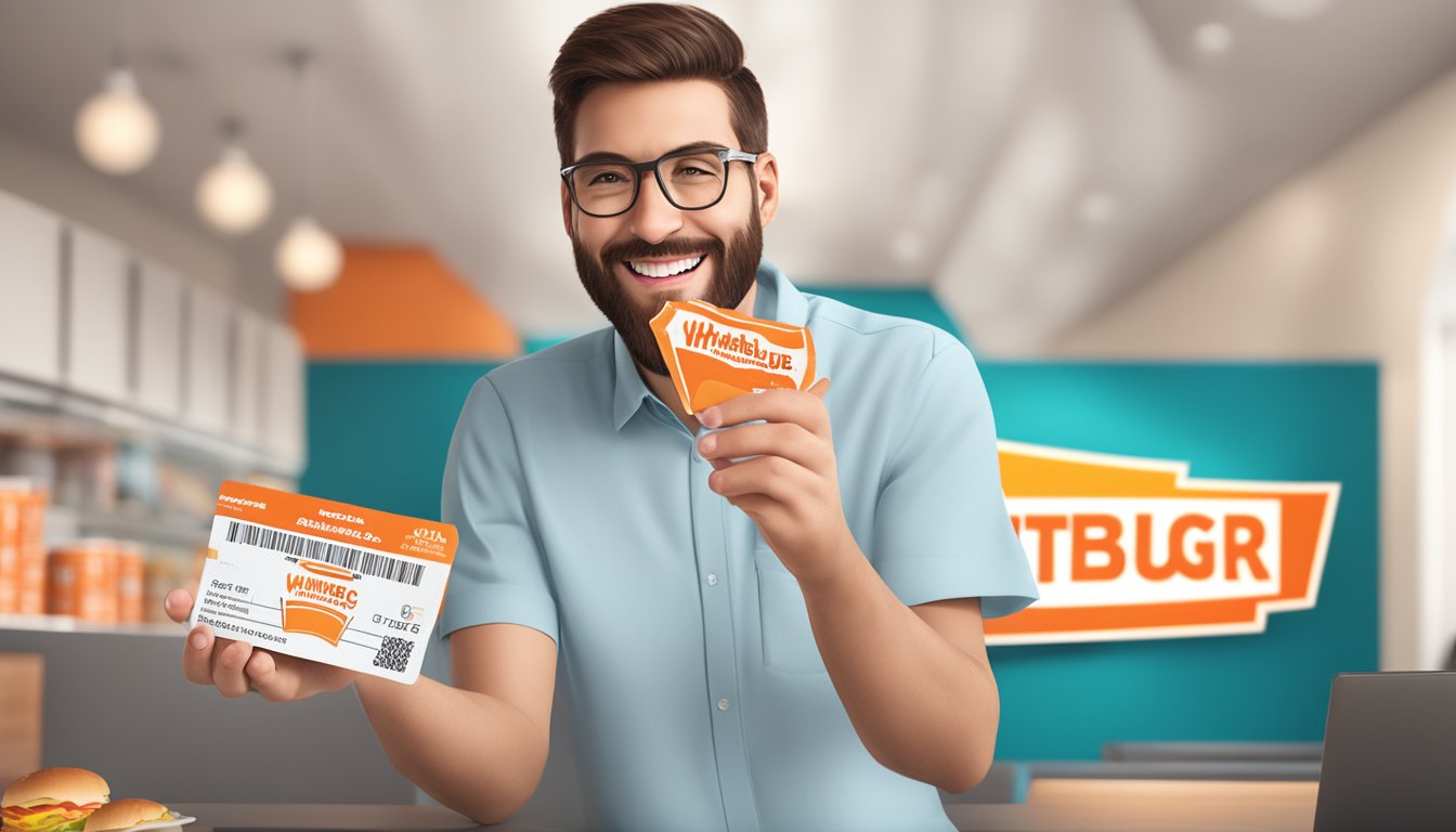 A happy customer holding a free Whataburger coupon, smiling