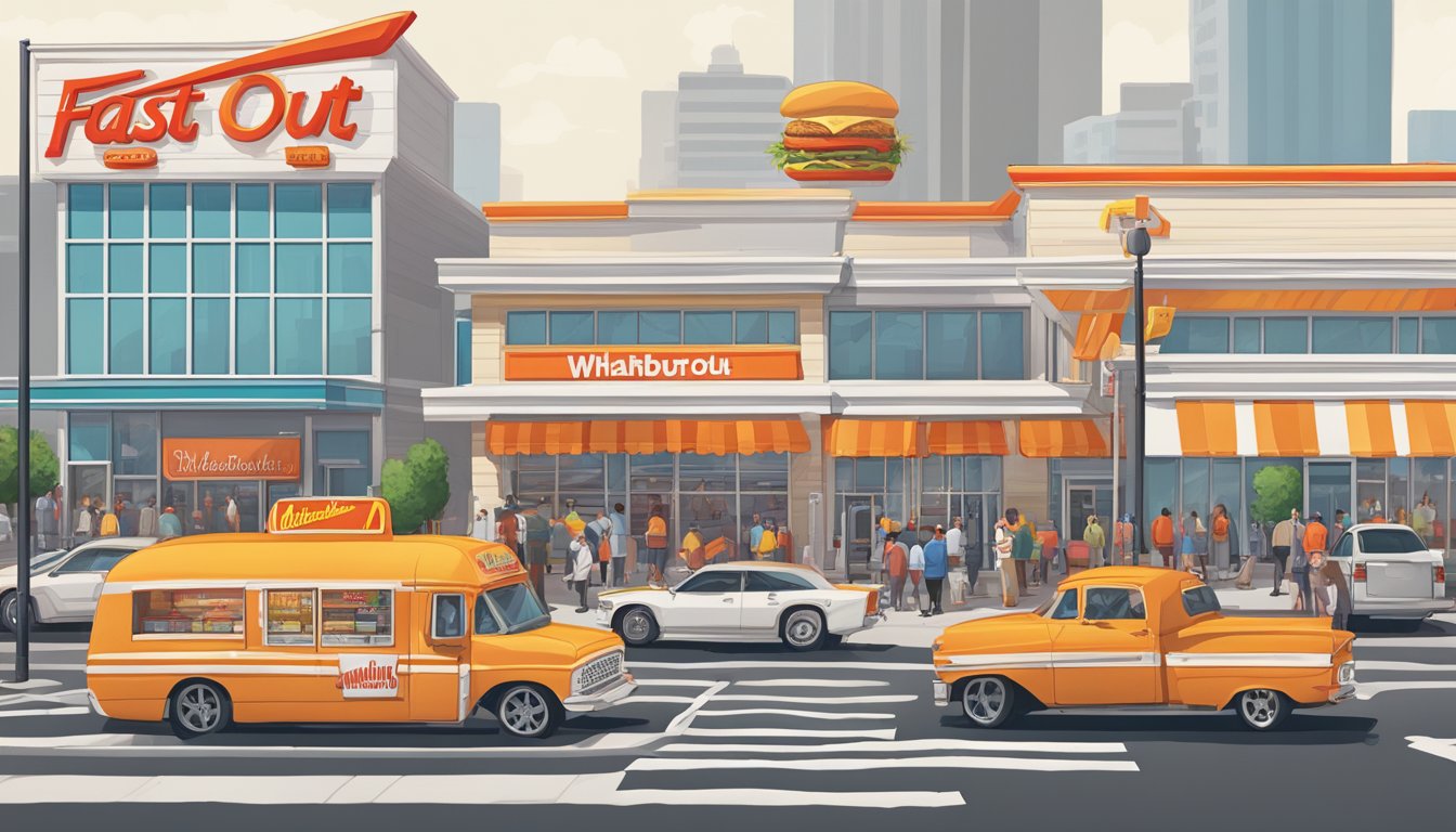 A bustling city street with two iconic fast-food restaurants, In-N-Out and Whataburger, standing side by side, each with long lines of eager customers