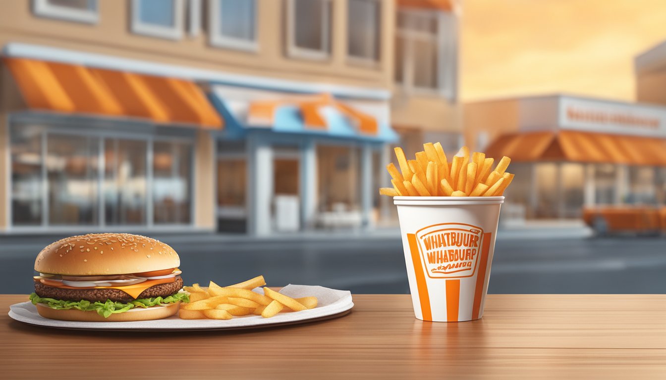 A classic Whataburger cup filled with a refreshing drink sits on a table next to a delicious burger and fries