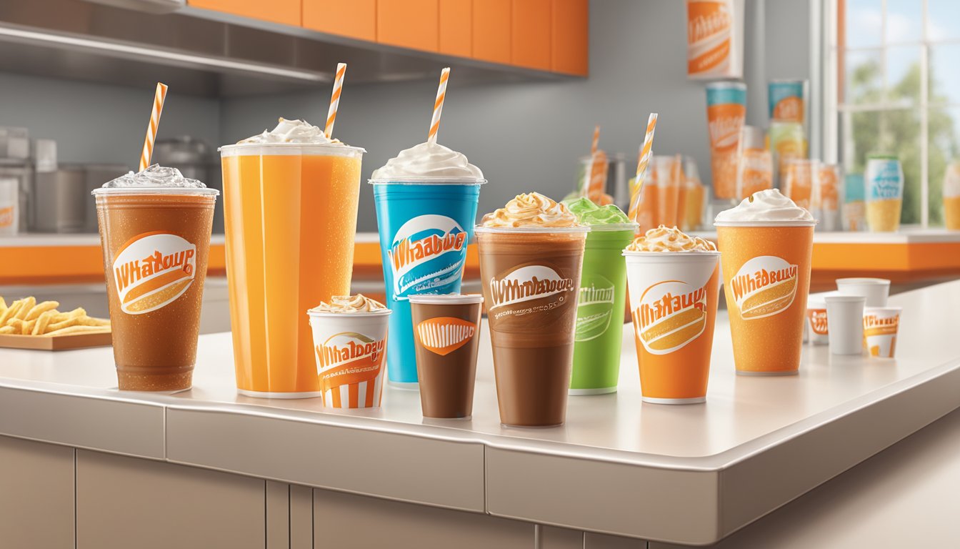 A colorful array of Whataburger drink options displayed on a clean, well-lit counter. Cups of various sizes and colors are filled with fizzy sodas, sweet teas, and refreshing lemonades