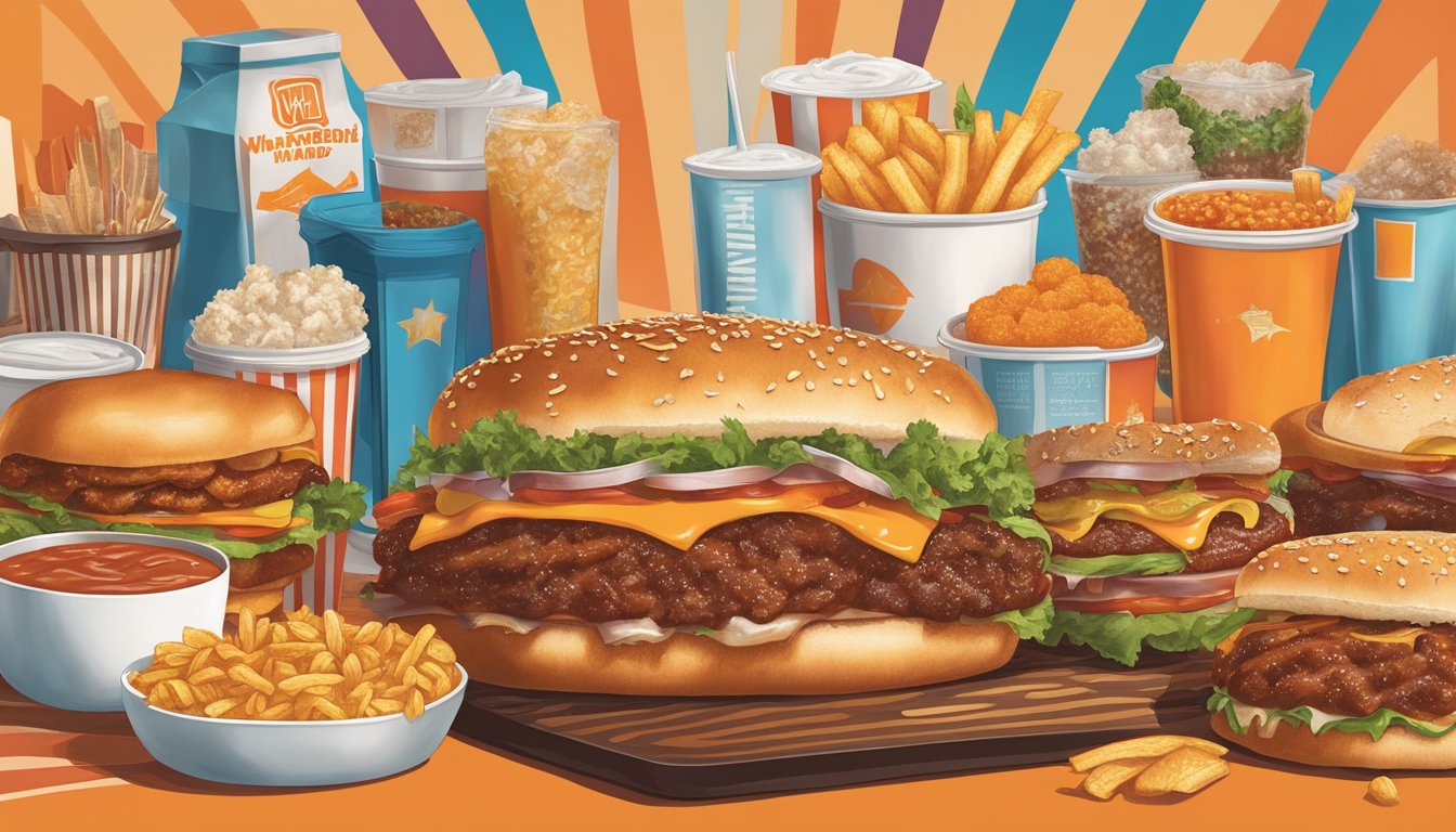 A sizzling Whataburger with a spicy-sweet sauce, surrounded by a variety of menu items from different eras