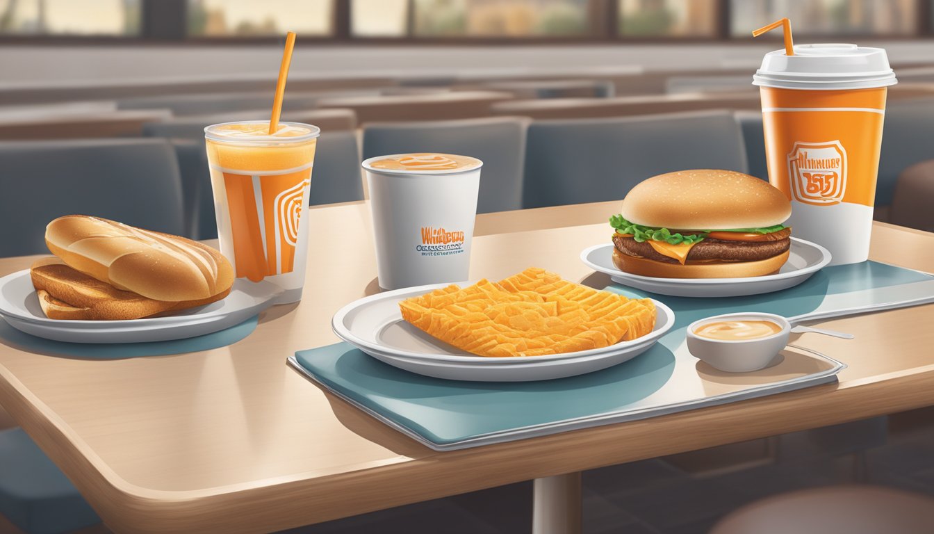 A table set with a tray of breakfast items and a Whataburger drink in a branded cup