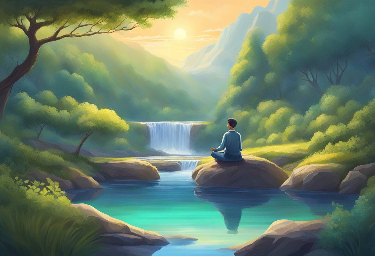 A serene natural landscape with a figure meditating, surrounded by vibrant energy and a sense of transformation