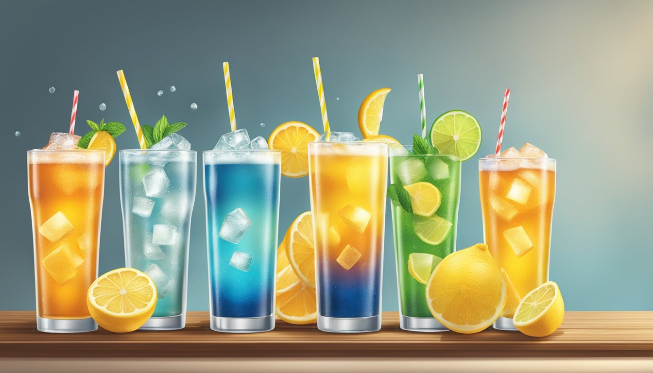 A table with assorted soft drinks and lemonades, including the iconic Whataburger drink, arranged neatly with ice and condensation on the glasses