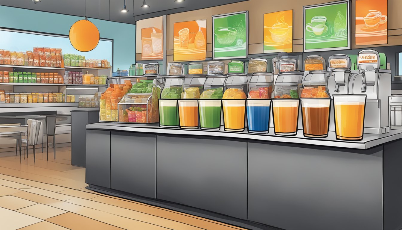 A colorful array of teas and juices at a Whataburger drink station