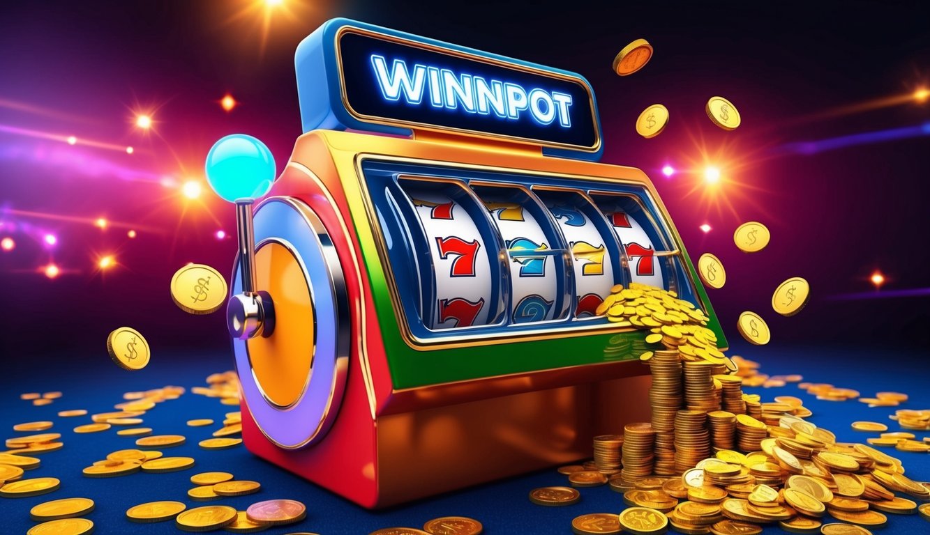 Sebuah mesin slot online berwarna-warni dikelilingi oleh cahaya yang bersinar dan koin yang mengalir keluar dari jackpot yang menang