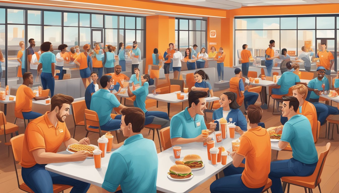 A group of employees enjoying free meals and drinks at a Whataburger restaurant, while others are receiving discounts on merchandise