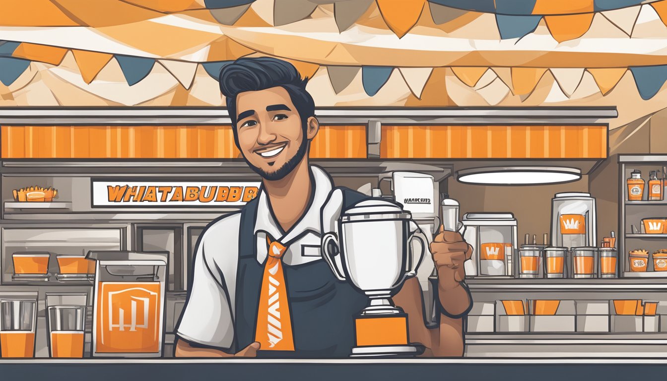 A Whataburger employee proudly displaying a trophy in front of a banner with the company logo