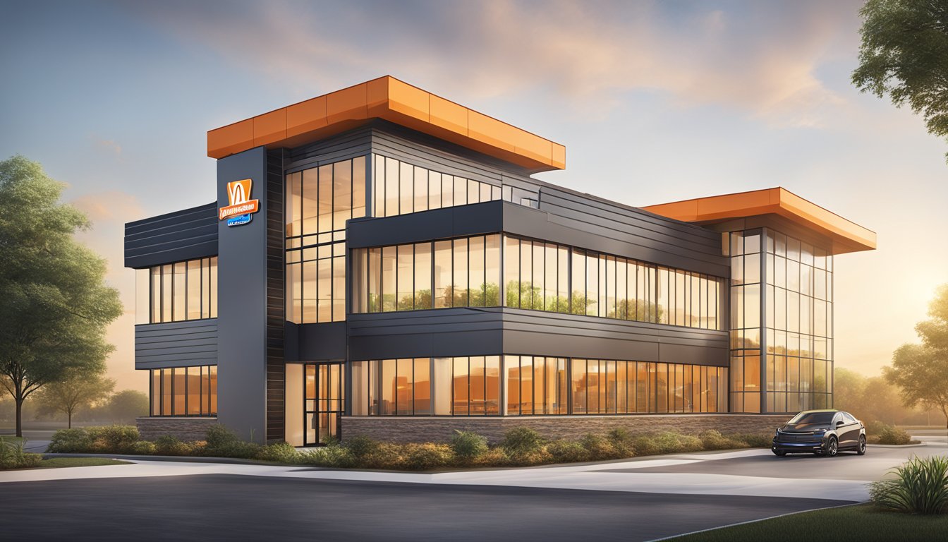 The Whataburger corporate office is a modern building with a sleek design, featuring large windows and a prominent logo displayed at the entrance