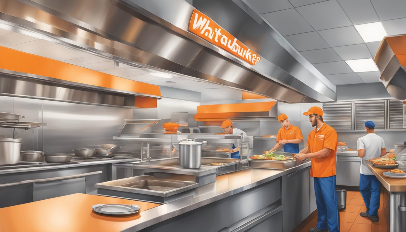 A Whataburger employee follows food prep and customer service standards in a busy restaurant kitchen