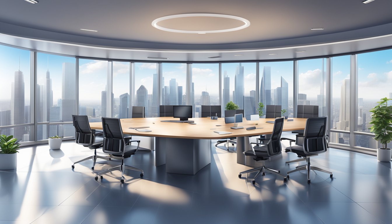 A modern, sleek corporate office with a large conference table, high-tech equipment, and a panoramic view of the city skyline