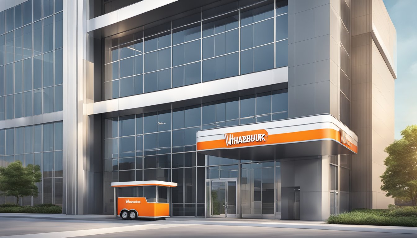 A modern office building with the Whataburger logo prominently displayed on the exterior. A sleek, professional entrance with glass doors and a polished lobby area