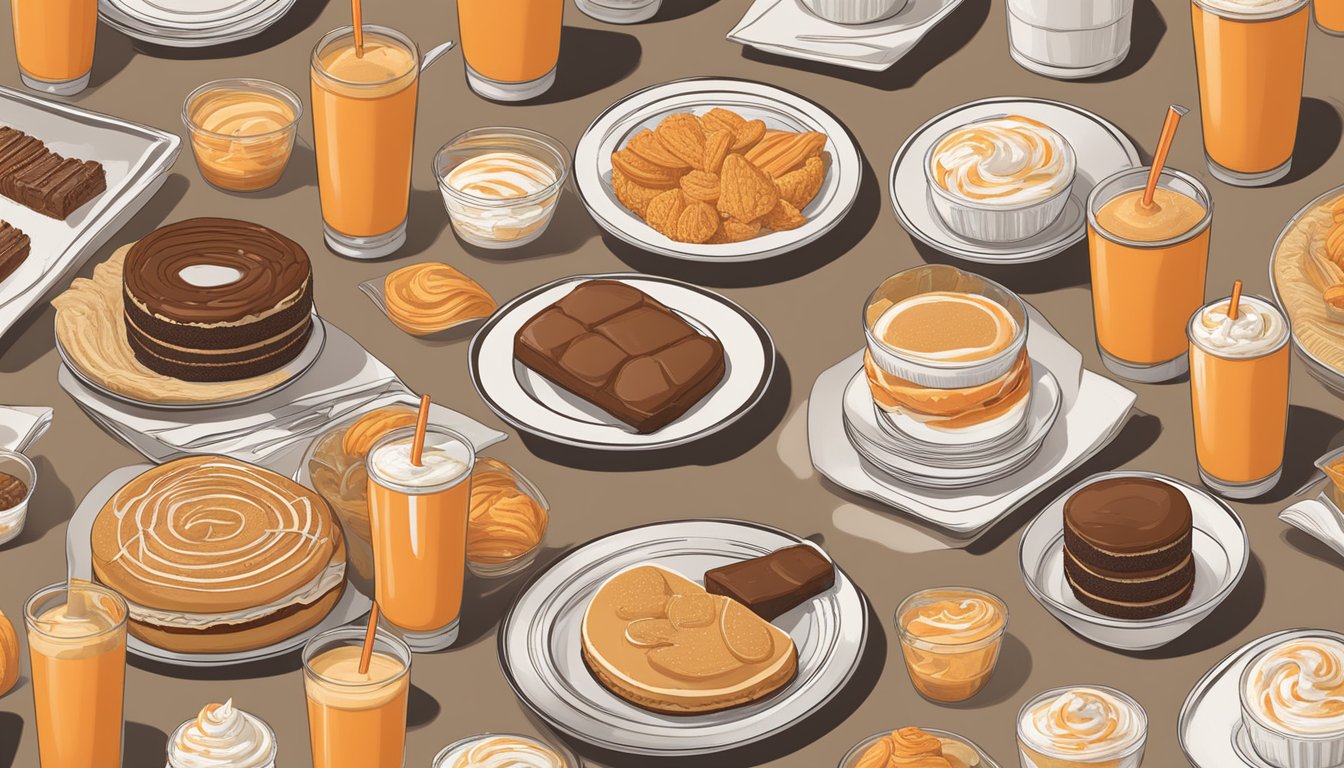 A table with various Whataburger desserts arranged neatly, surrounded by ingredients and nutritional information labels