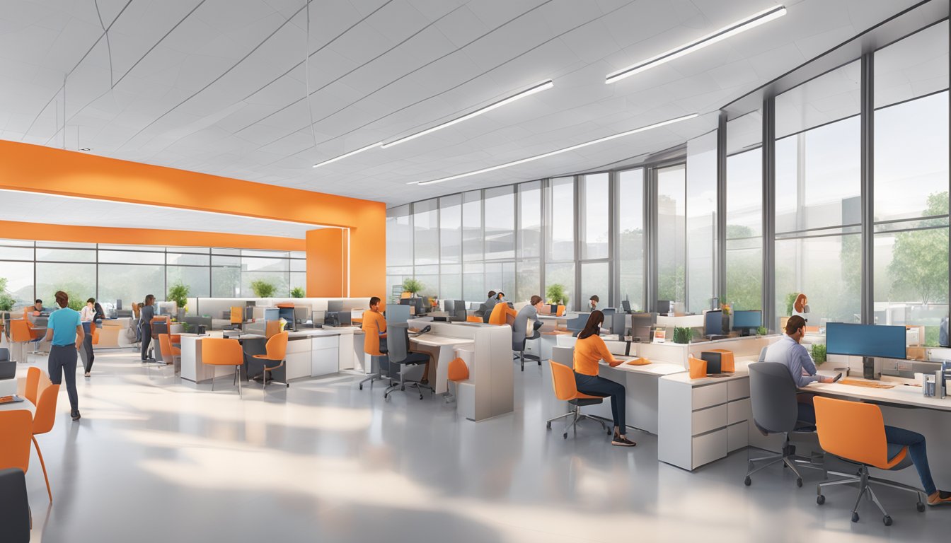 The Whataburger corporate office bustling with employees in a modern, open-plan workspace with glass walls and a sleek design