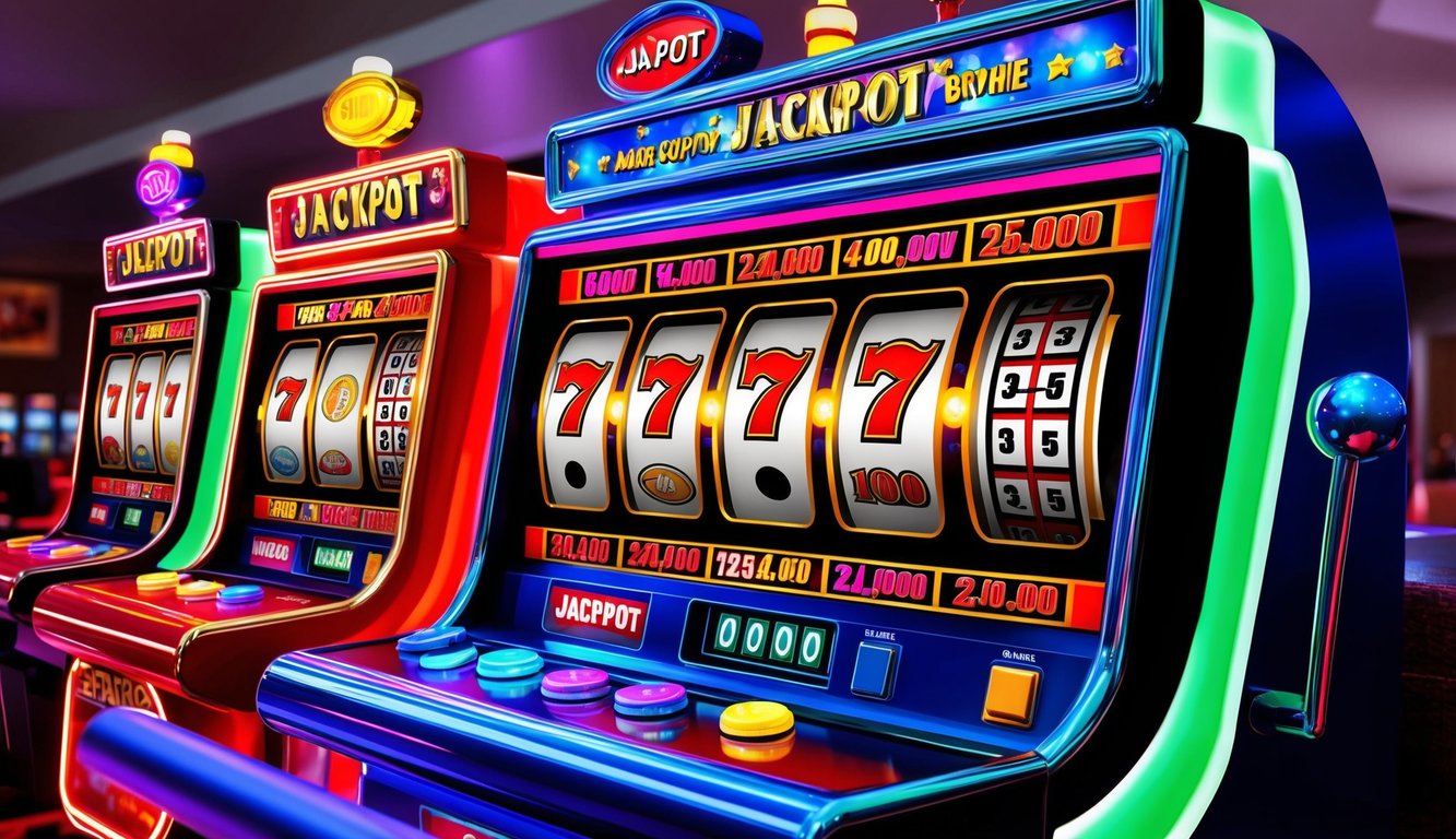 Mesin slot berwarna-warni dengan lampu berkedip dan tampilan jackpot besar