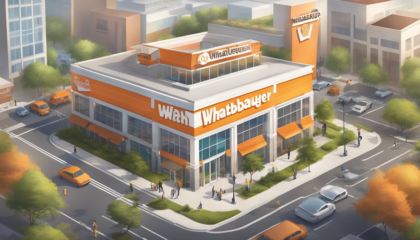 A bustling office building with a Whataburger logo prominently displayed, surrounded by a diverse and engaged community