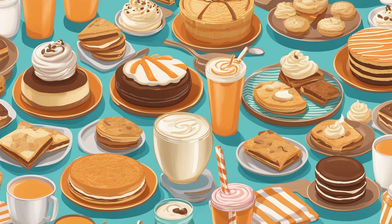 A table filled with an assortment of Whataburger desserts, including pies, cookies, and milkshakes, displayed on colorful plates and surrounded by decorative elements