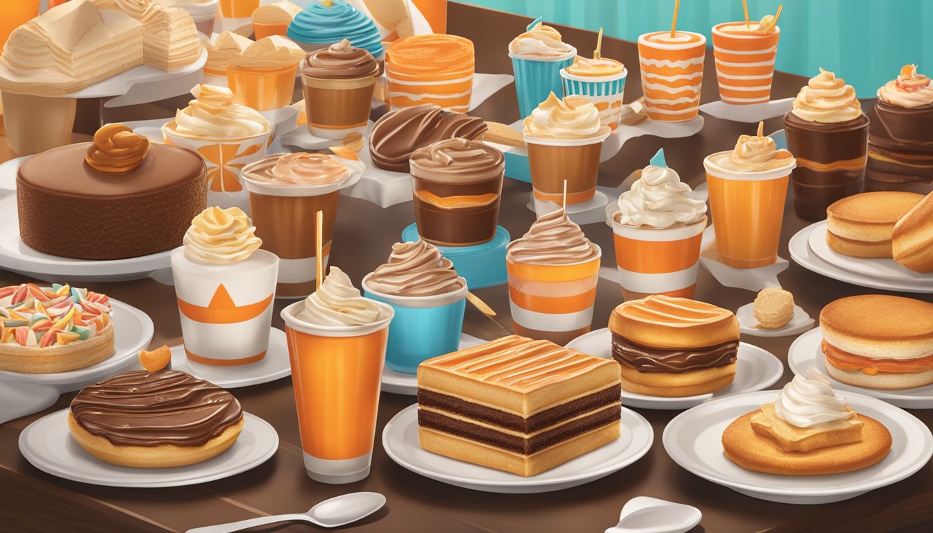 A colorful array of Whataburger desserts displayed on a table, surrounded by whimsical toppings and sauces, with a warm and inviting ambiance