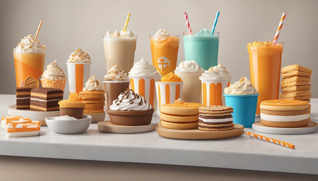 A colorful display of Whataburger desserts, including shakes, pies, and cookies, arranged on a clean, modern countertop