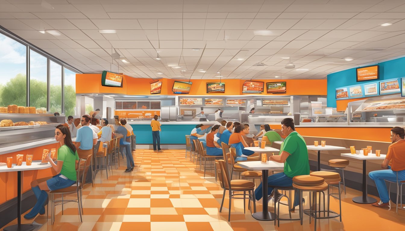 A bustling Whataburger restaurant in Las Vegas, with colorful menu boards and customers enjoying their meals