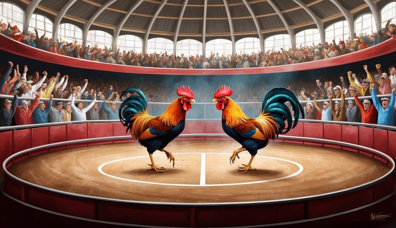 Sebuah arena sabung ayam yang ramai dengan penonton yang bersorak dan dua ayam jantan yang garang berhadapan di tengah ring