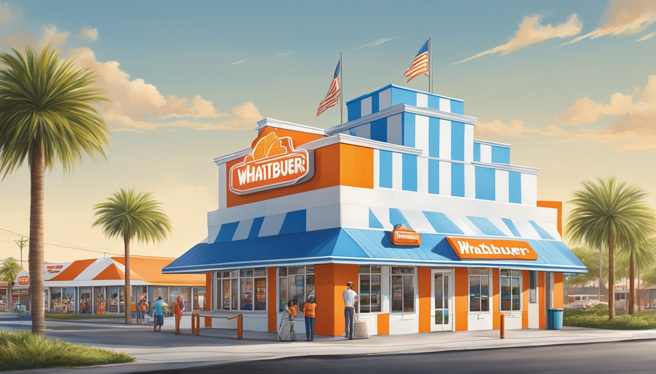 The iconic orange and white striped building of Whataburger in Harlingen, Texas, stands proudly against a blue sky, surrounded by palm trees and bustling with customers