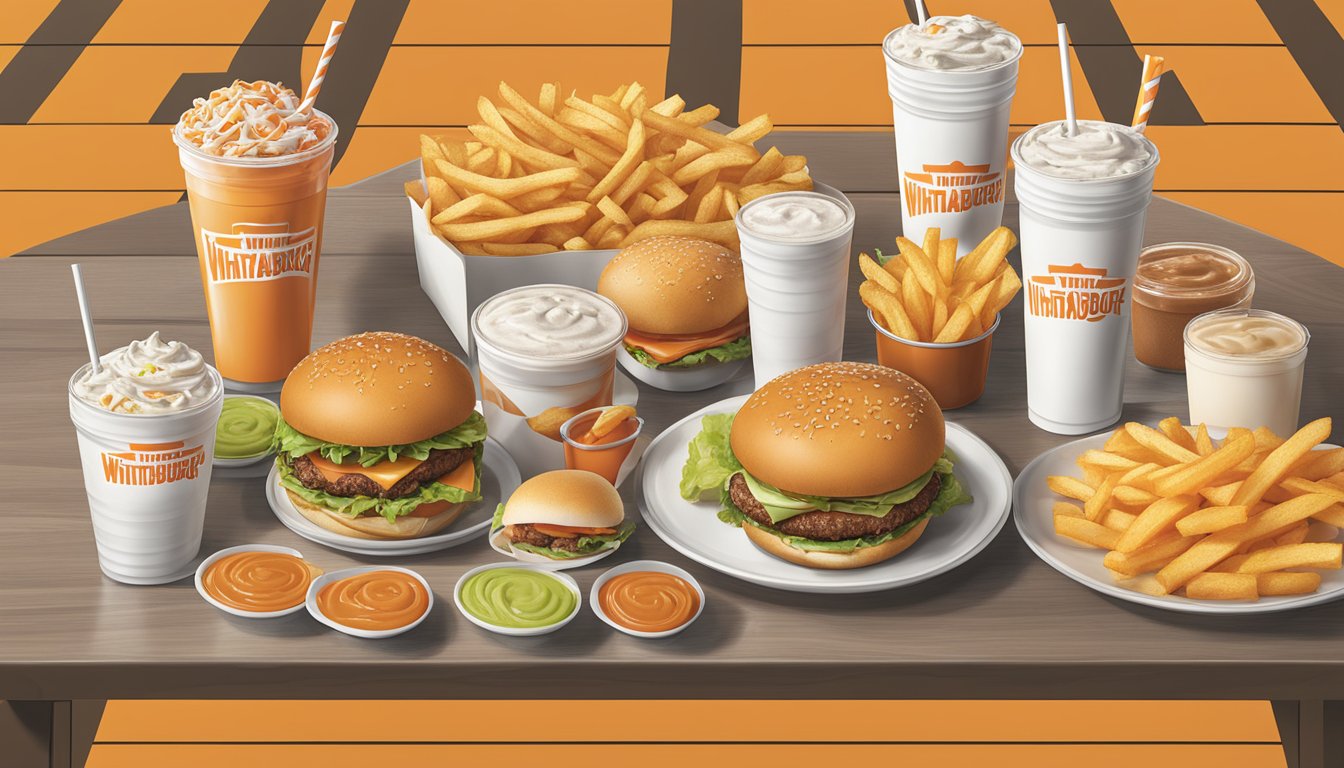 A mouthwatering spread of Whataburger menu highlights, including burgers, fries, and shakes, arranged on a table in Harlingen