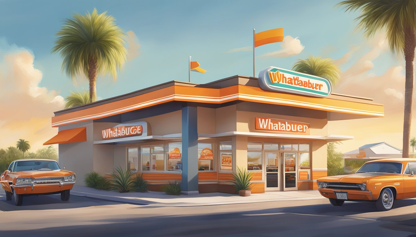 A bustling Whataburger in Harlingen, with colorful signage and a drive-thru, surrounded by palm trees and a sunny sky