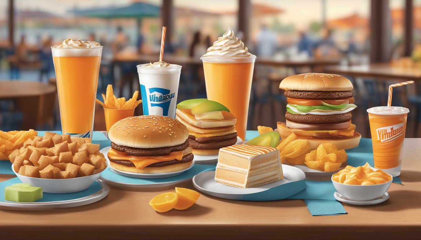 A table set with a variety of beverages and desserts from the Whataburger menu in Las Vegas