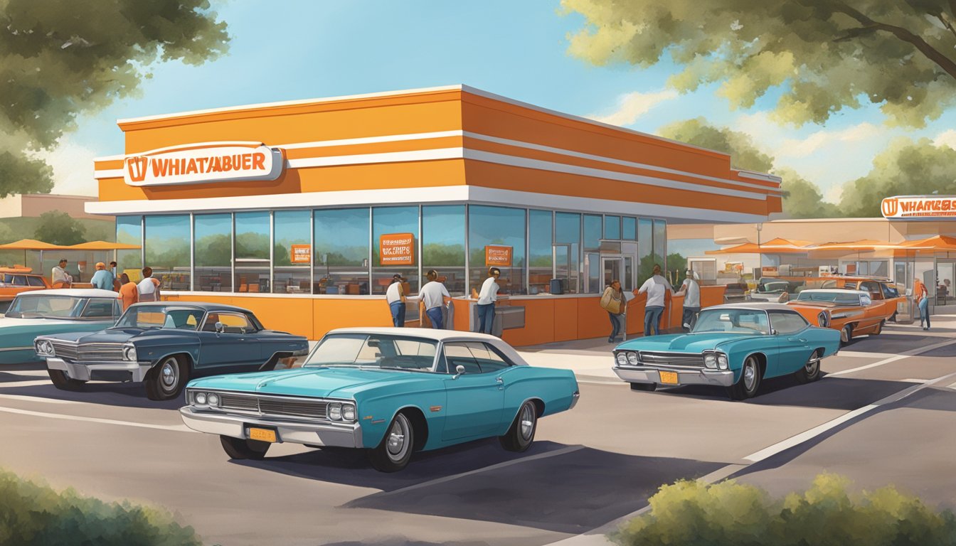 A bustling Whataburger restaurant in Phoenix, with a drive-thru line of cars and customers enjoying their meals at outdoor tables