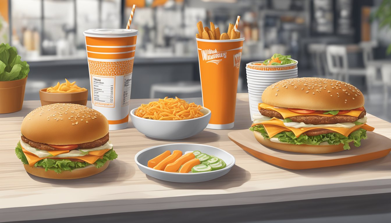 A table with a Whataburger menu, including nutritional information, surrounded by condiments and napkins