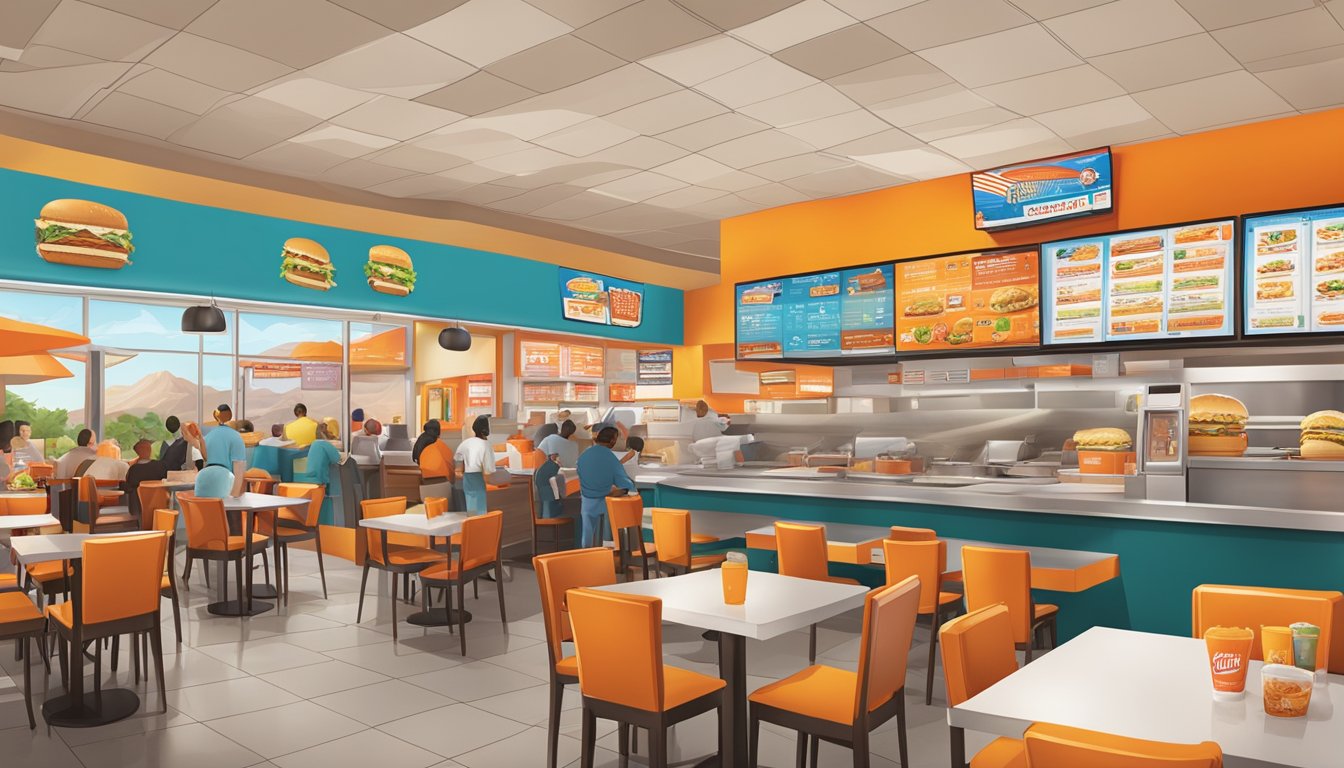 A bustling Whataburger restaurant in Las Vegas, with a colorful menu board and customers enjoying their meals at the tables