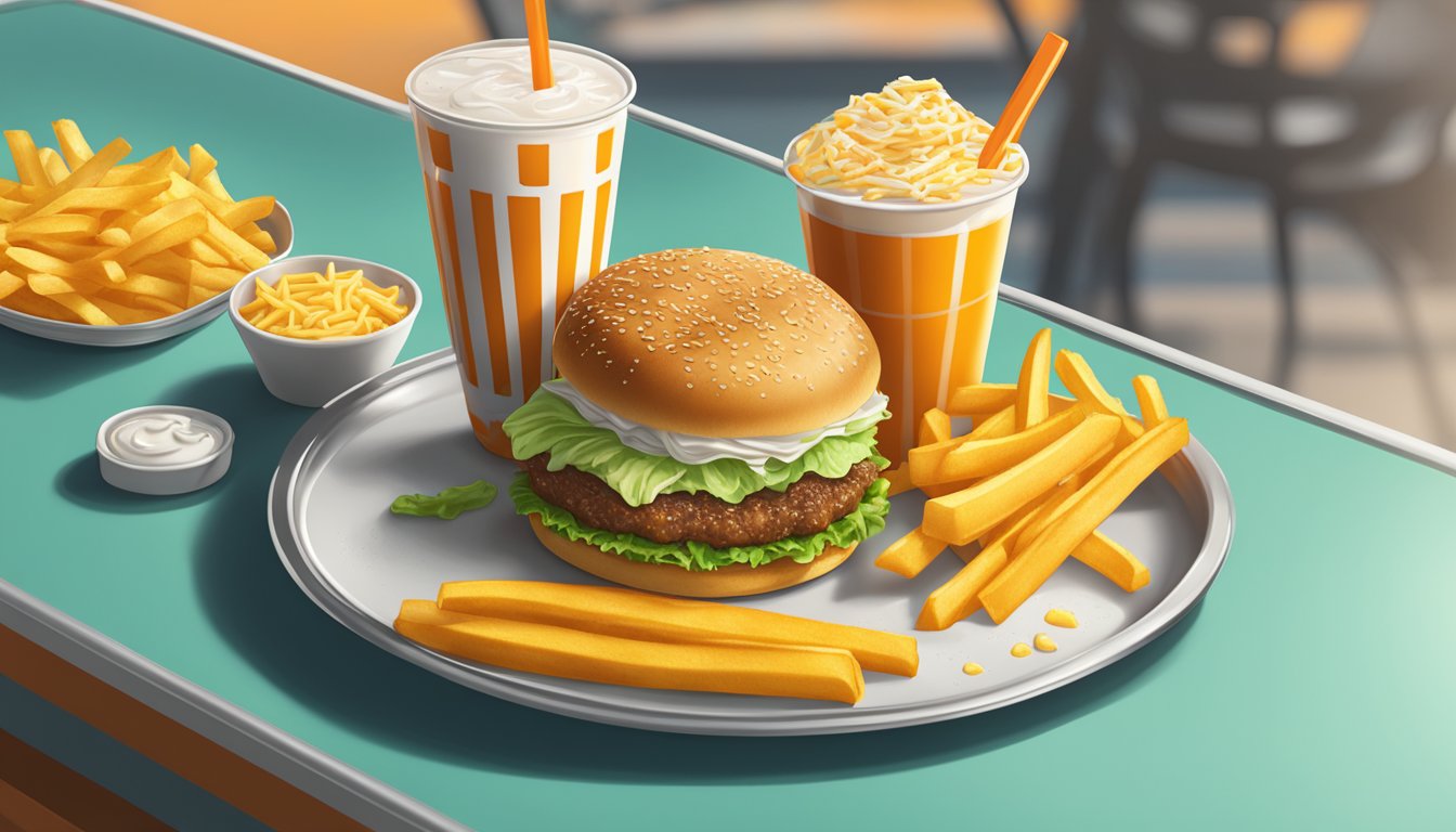 A sizzling Whataburger with melted cheese and crisp lettuce, surrounded by golden fries and a frosty drink, all displayed on a tray