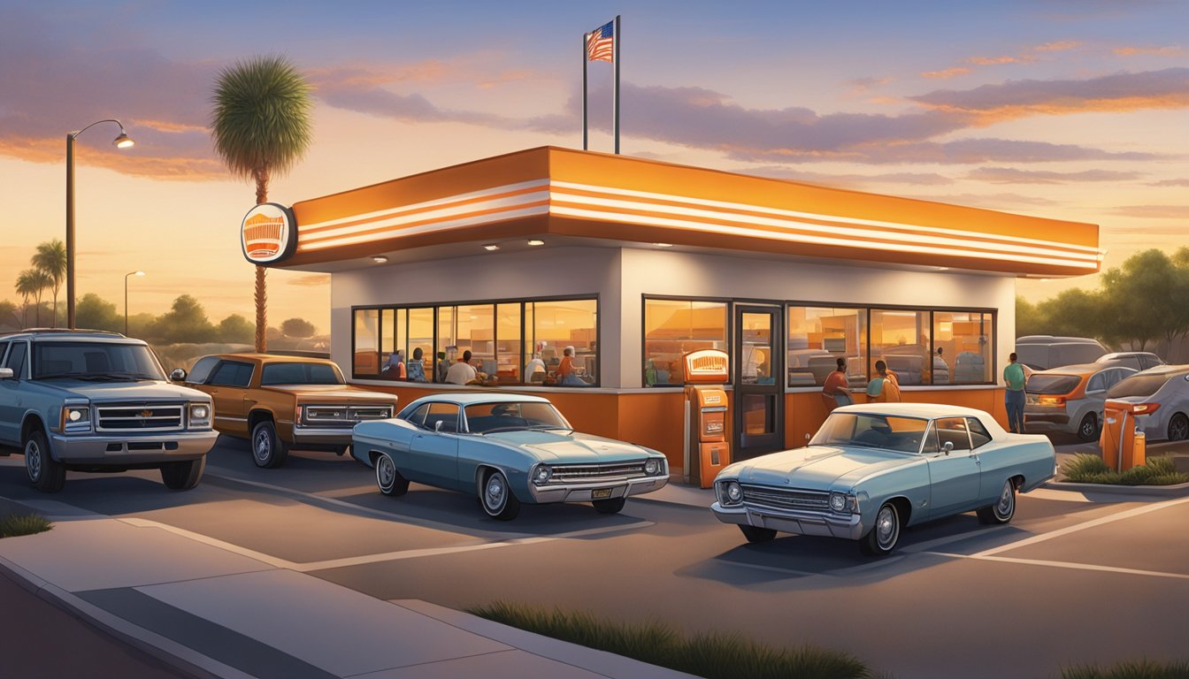 The Whataburger in Harlingen is bustling with activity, with cars lined up at the drive-thru and customers coming in and out of the restaurant. The sun is setting in the background, casting a warm glow over the scene